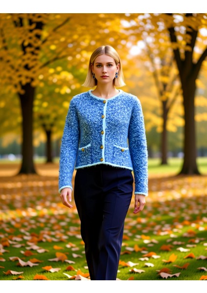 Kadın Şık Dokulu Örgü Önü Düğmeli Uzun Kollu Rahat Kesim Cepli Günlük Giyim Triko Hırka Spor