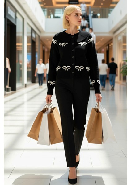 Genç Kız Yumuşak Dokulu Fiyonk Desenli Bebe Yaka Standart Kesim Uzun Kollu Rahat Günlük Triko Hırka modelleri