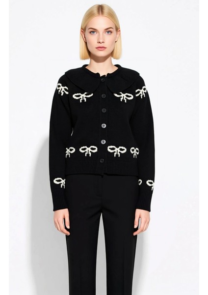 Genç Kız Yumuşak Dokulu Fiyonk Desenli Bebe Yaka Standart Kesim Uzun Kollu Rahat Günlük Triko Hırka fırsatları