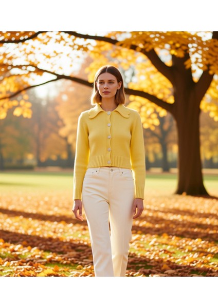 Kadın Crop Triko Hırka Polo Yaka Mücevher Düğmeli Uzun Kollu Regular Kalıp Ince Dokulu Şık