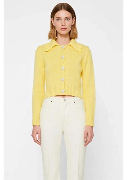 Kadın Crop Triko Hırka Polo Yaka Mücevher Düğmeli Uzun Kollu Regular Kalıp Ince Dokulu Şık fırsatları