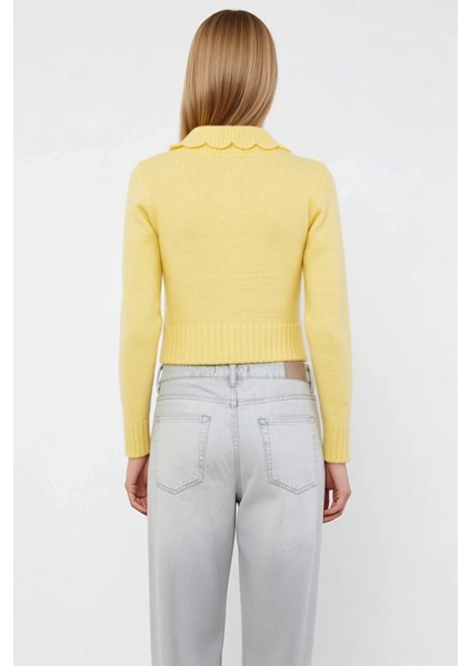 Kadın Crop Triko Hırka Polo Yaka Mücevher Düğmeli Uzun Kollu Regular Kalıp Ince Dokulu Şık indirimleri