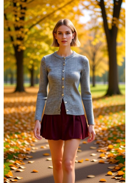 Kadın Vücuda Oturan Fitilli Dokulu Bisiklet Yaka Uzun Kollu Düğmeli Günlük Örme Triko Hırka