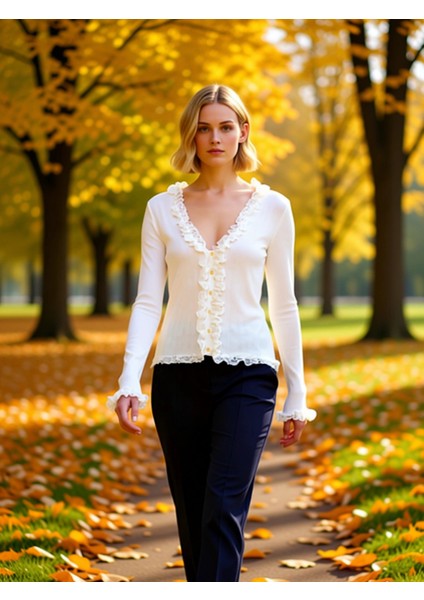 Genç Kadın Dantel Garnili V Yaka Fitted Triko Hırka Özel Iplik Dokuma Uzun Kollu Zarif Tasarım