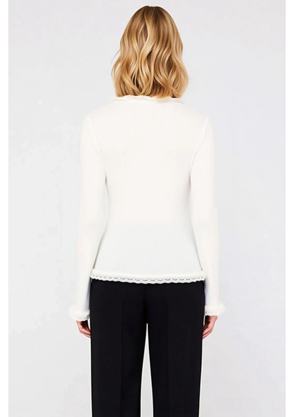 Genç Kadın Dantel Garnili V Yaka Fitted Triko Hırka Özel Iplik Dokuma Uzun Kollu Zarif Tasarım indirimleri