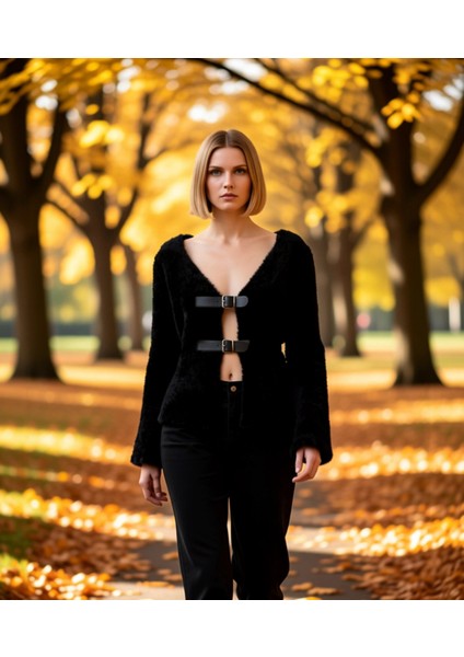 Kadın Tüylü V Yaka Tokalı Triko Hırka Modern ve Şık Görünüm Sunan Özel Tasarım Ile Tarzınızı