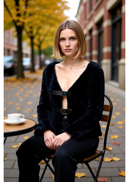 Kadın Tüylü V Yaka Tokalı Triko Hırka Modern ve Şık Görünüm Sunan Özel Tasarım Ile Tarzınızı fiyatları