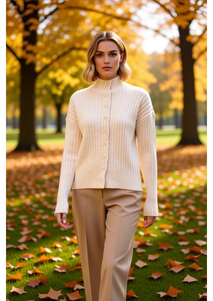 Kadın Gardırop Temel Parçası Oversize Fitilli Yumuşak Dokulu Uzun Kollu Triko Hırka Modern