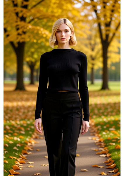 Kadın Crop Kesim Fermuarlı Polo Yaka Uzun Kollu Fitilli Triko Hırka Günlük Şıklık ve Sunan Tasarım