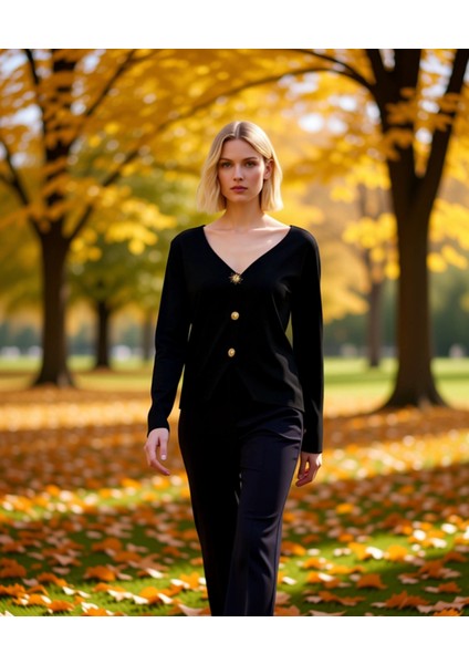 Kadın Şık V Yaka Düğmeli Triko Hırka Zamansız Tasarımıyla Gündelik ve Özel Anlara Uyum Sağlayan
