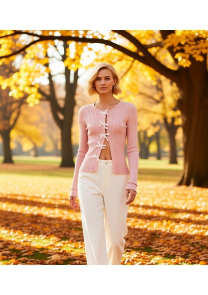 Kadın Özel Iplik Dokulu Fit Kesim Uzun Kollu Kurdele Detaylı Triko Hırka Günlük Şıklık Şık
