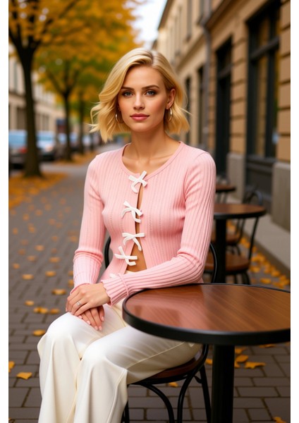 Kadın Özel Iplik Dokulu Fit Kesim Uzun Kollu Kurdele Detaylı Triko Hırka Günlük Şıklık Şık fiyatları