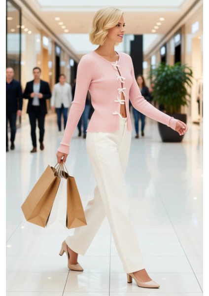 Kadın Özel Iplik Dokulu Fit Kesim Uzun Kollu Kurdele Detaylı Triko Hırka Günlük Şıklık Şık modelleri