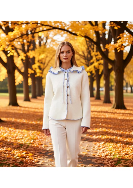 Kadın Konforlu Geniş Kalıp Mont Görünümlü Triko Hırka Garni Detaylı Yumuşak Dokusuyla Spor