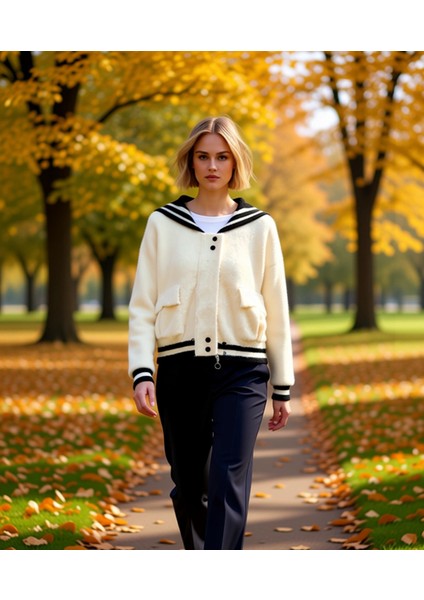 Kadın Denizci Yaka Çizgili Detaylı Düğmeli Geniş Kalıp Peluş Dokulu Bomber Ceket Tarzı Hırka