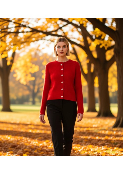 Kadın Dokulu Triko Hırka Bisiklet Yaka Uzun Kollu Düğme Detaylı Günlük Şıklık ve Konfor Şık