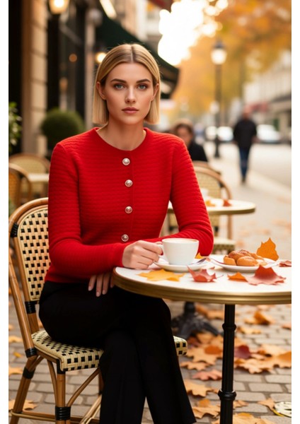 Kadın Dokulu Triko Hırka Bisiklet Yaka Uzun Kollu Düğme Detaylı Günlük Şıklık ve Konfor Şık fiyatları