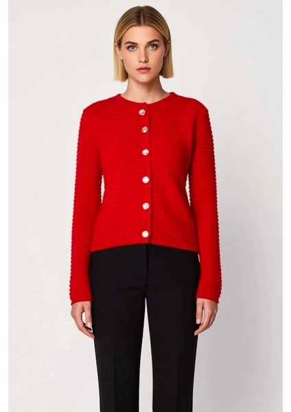 Kadın Dokulu Triko Hırka Bisiklet Yaka Uzun Kollu Düğme Detaylı Günlük Şıklık ve Konfor Şık fırsatları