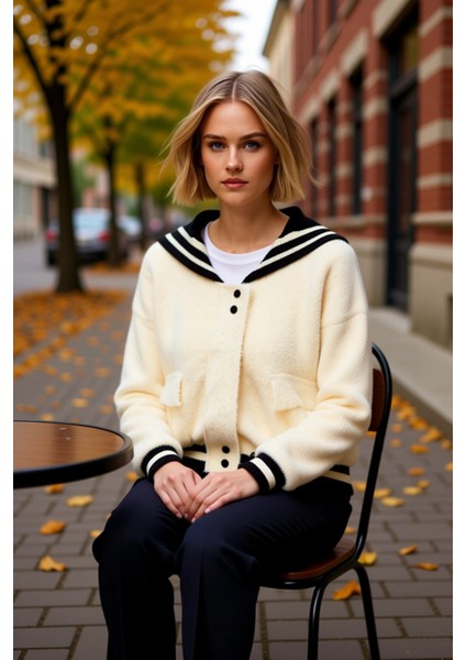 Kadın Denizci Yaka Çizgili Detaylı Düğmeli Geniş Kalıp Peluş Dokulu Bomber Ceket Tarzı Hırka fiyatları