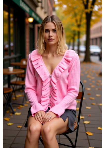 Kadın Fırfır Detaylı V Yaka Parlak Düğmeli Yumuşak Dokulu Uzun Kollu Rahat Kesim Triko Hırka fiyatları