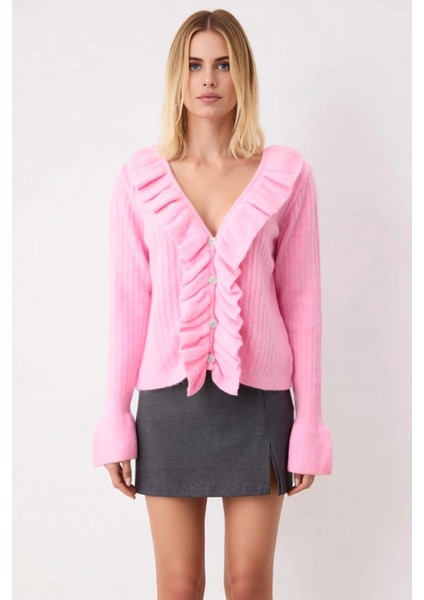 Kadın Fırfır Detaylı V Yaka Parlak Düğmeli Yumuşak Dokulu Uzun Kollu Rahat Kesim Triko Hırka fırsatları