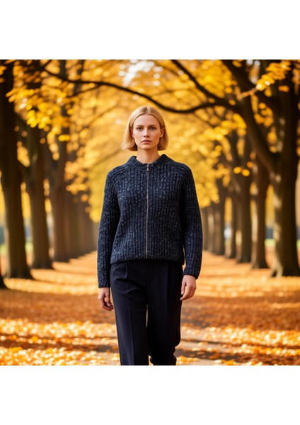 Kadın Fermuarlı Bisiklet Yaka Düşük Kol Etnik Desenli Kalın Triko Hırka Akrilik Polyester Pamuk