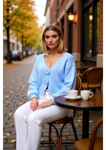 Kadın Regular Kesim V Yaka Balon Kol Gül Detaylı Crop Triko Hırka Yumuşak Dokusuyla Şıklık Sunar fiyatları