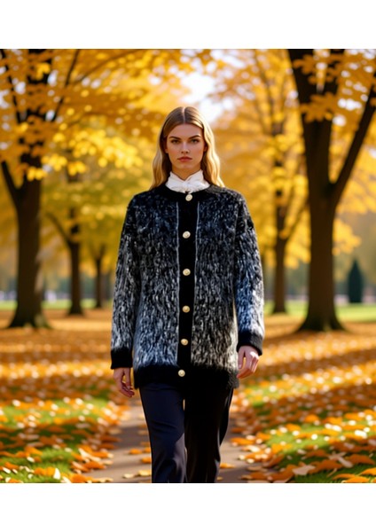 Kadın Tüylü Dokulu Uzun Kollu Bisiklet Yaka Önden Düğmeli Regular Fit Triko Hırka Kaliteli