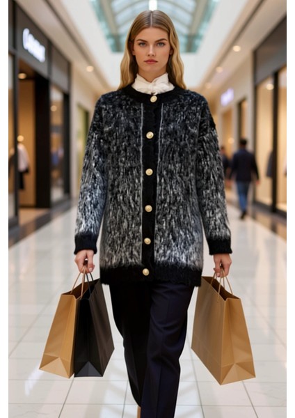 Kadın Tüylü Dokulu Uzun Kollu Bisiklet Yaka Önden Düğmeli Regular Fit Triko Hırka Kaliteli modelleri