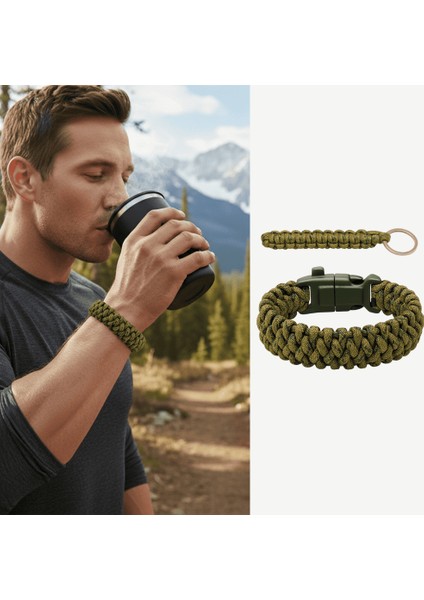 Pusulalı Çakmaklı Paracord Bileklik Anahtarlık - Avcı Kamuflaj Desen - Kamp ve Doğa Sporları Için