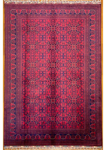 El Dokuma Afgan Halı Yıldız Desenli Bordo Renk 6 Metre Kare