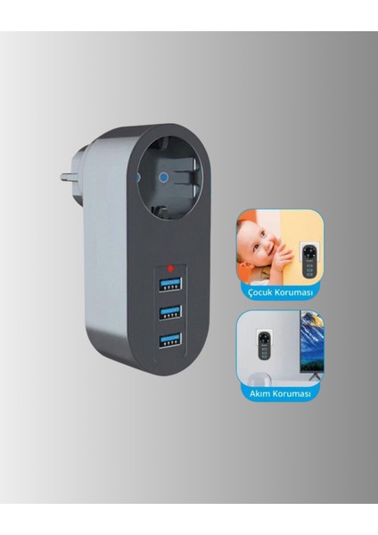 Isıya Dayanıklı 3 USB Portlu Güvenlikli Priz – Akıllı Enerji Yönetimi fiyatları