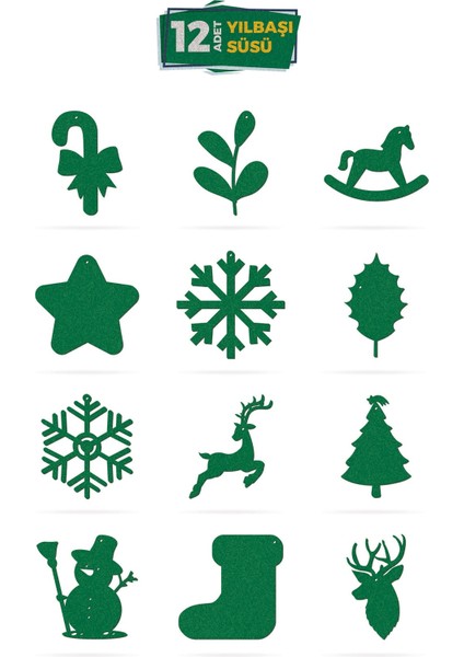 12'li Yeşil Keçe Yılbaşı Süsü, Yılbaşı Ağacı,Yeni Yıl , Mery Christmas