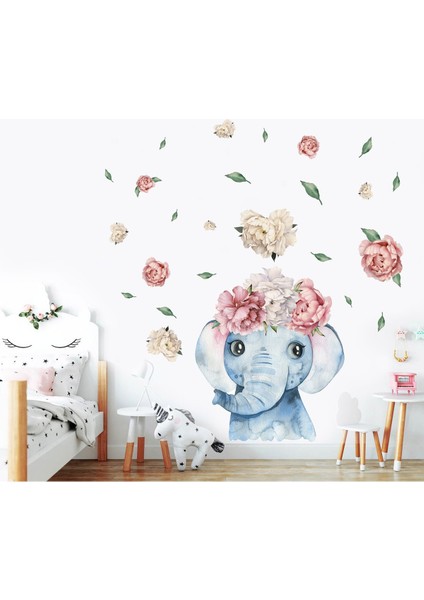 Çiçek Taçlı Fil ve Çiçekler Çocuk Odası Duvar Sticker 50 x 70 cm fırsatları