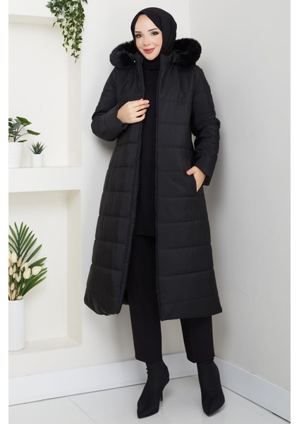 Ahval Büyük Beden Kalın Kışlık Şişme Kapitone Siyah Kadın Kaban 6045