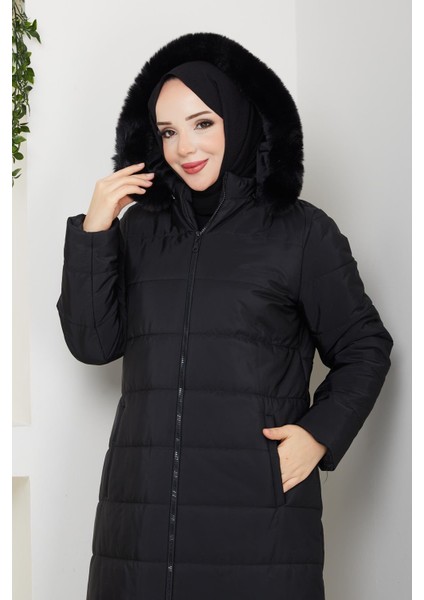 Ahval Büyük Beden Kalın Kışlık Şişme Kapitone Siyah Kadın Kaban 6045