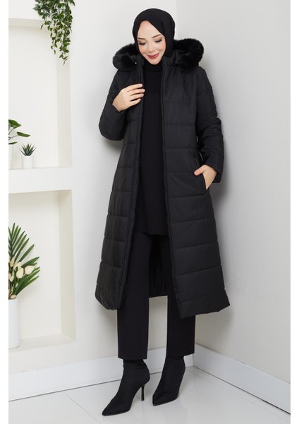 Ahval Büyük Beden Kalın Kışlık Şişme Kapitone Siyah Kadın Kaban 6045