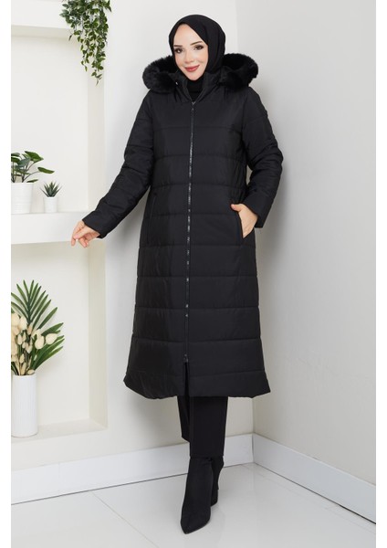 Ahval Büyük Beden Kalın Kışlık Şişme Kapitone Siyah Kadın Kaban 6045