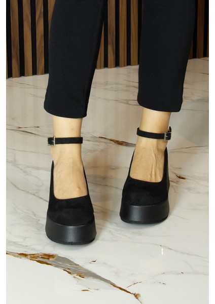 Nevada Siyah Süet Yuvarlak Burun Bantlı Dolgu Topuklu Günlük Ayakkabı