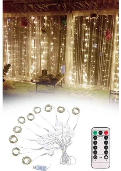 Uzaktan Kumandalı LED Perdeye Takılabilen Kancalı Işık USB 3x3 Metre Peri Perde LED