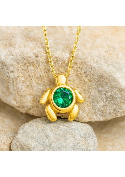 14 Ayar Altın Yeşil Zümrüt Taşlı Kaplumbağa Kolye