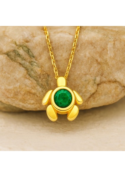14 Ayar Altın Yeşil Zümrüt Taşlı Kaplumbağa Kolye fırsatları