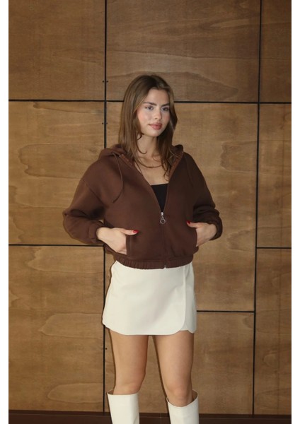 3 Iplik Şardonlu Kapşonlu Fermuarlı Kısa Üst Kahve PAT8590