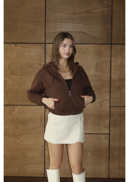 3 Iplik Şardonlu Kapşonlu Fermuarlı Kısa Üst Kahve PAT8590 fiyatları