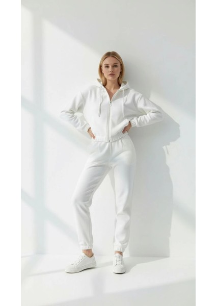 3 Iplik Şardonlu Kapşonlu Fermuarlı Kısa Üst Beyaz PAT8590 modelleri