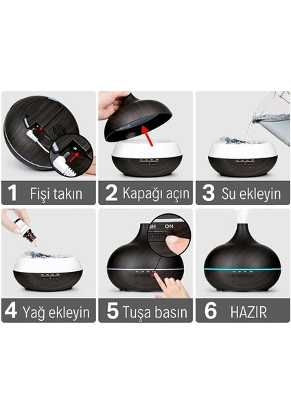Aroma Difüzörü Gece Işığı 7 LED Hava Nemlendirici Kumandalı Buhar Makinesi 500 ml modelleri