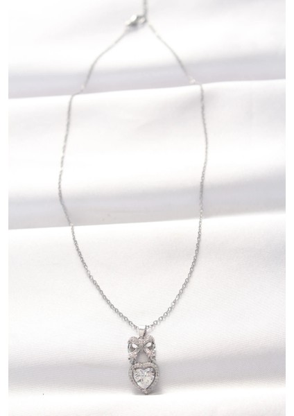 316L Çelik Silver Renk Zirkon Taşlı Kalpli Fiyonk Kolye fiyatları