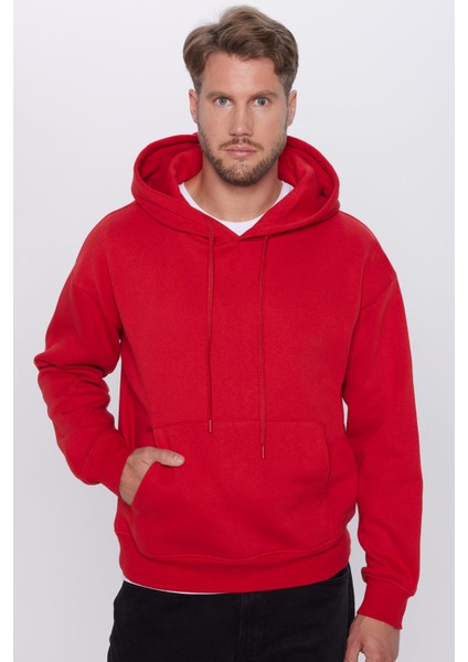 Unisex Oversize Geniş Kesim Pamuklu Yumuşak Dokulu Içi Polarlı Basic Kırmızı Kapüşonlu Sweatshirt