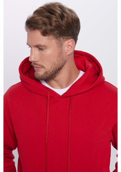 Unisex Oversize Geniş Kesim Pamuklu Yumuşak Dokulu Içi Polarlı Basic Kırmızı Kapüşonlu Sweatshirt fiyatları