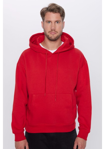 Unisex Oversize Geniş Kesim Pamuklu Yumuşak Dokulu Içi Polarlı Basic Kırmızı Kapüşonlu Sweatshirt fırsatları